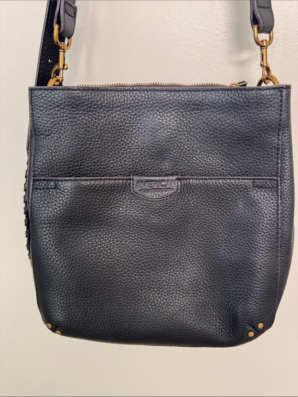 American Leather Co  Black Pebbled Leather Crossbody with Gold Hardware